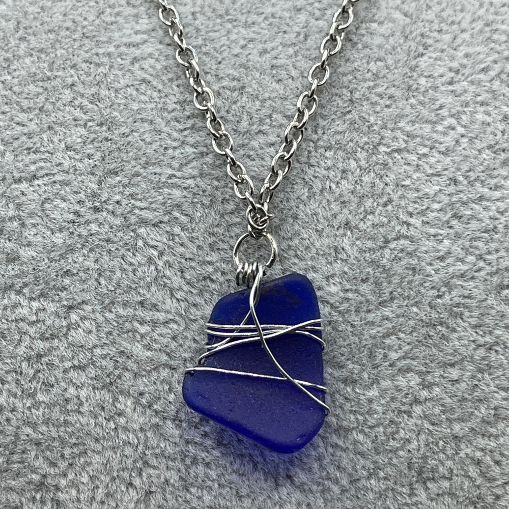 Handmade Blue Sea Glass Necklace Wire-Wrapped w Glass from Hutchinson Island, FL
